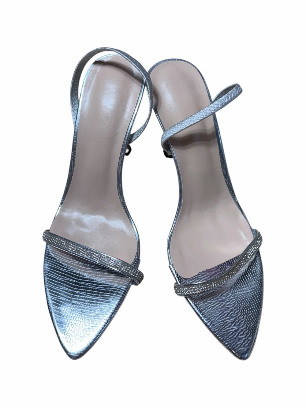 Silver Metallic Rhinestone Pointed Slingback Heels Womens 40
